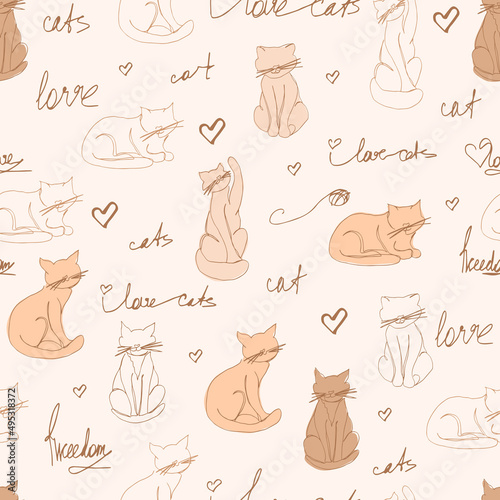 vector seamless pattern with linear contour cats and text, for printing on fabric, wrapping paper, wallpaper