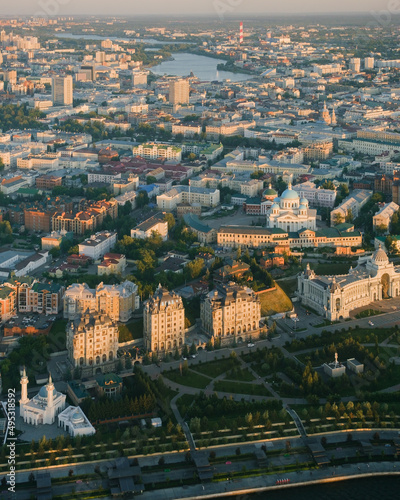 Summer shot from above of Kazan city. Capital of the Tatarstan, Russia. City centre and landmark. Buildings and attractions. Torism and tourist destination. Farmer's palace and Kazan Cathedral © Artem