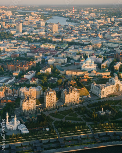 Summer shot from above of Kazan city. Capital of the Tatarstan, Russia. City centre and landmark. Buildings and attractions. Torism and tourist destination. Farmer's palace and Kazan Cathedral