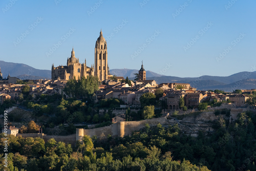 View of the city and St Mary Cathedral of segovia at sunset, listed world Heritage centre by UNESCO