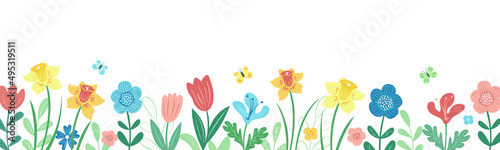 Horizontal white banner or floral background decorated with flowers and leaves. Botanical vector illustration on a white background