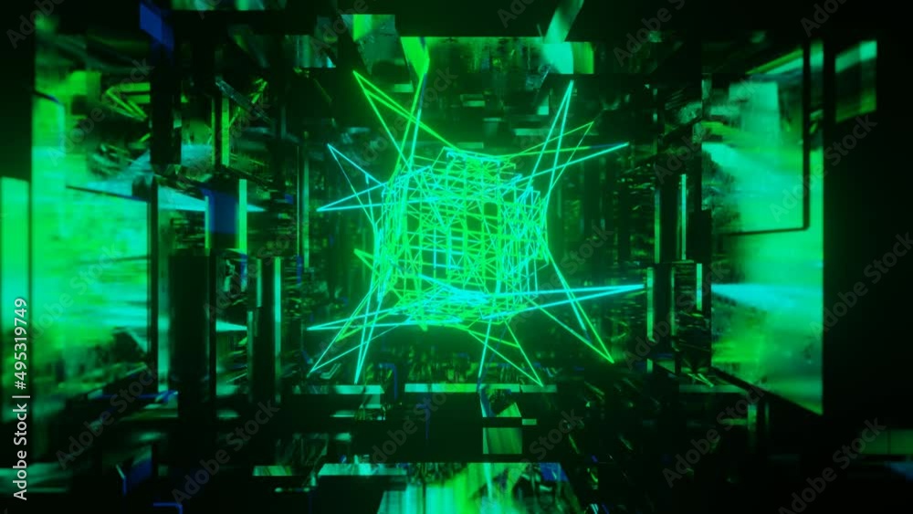 3d object or structure rotates and moves inside glass mirror tunnel with neon light, bright reflections. Fantastic abstract bg looped in 4k. Vj loop for show. Sci fi bg fly through hi tech tunnel