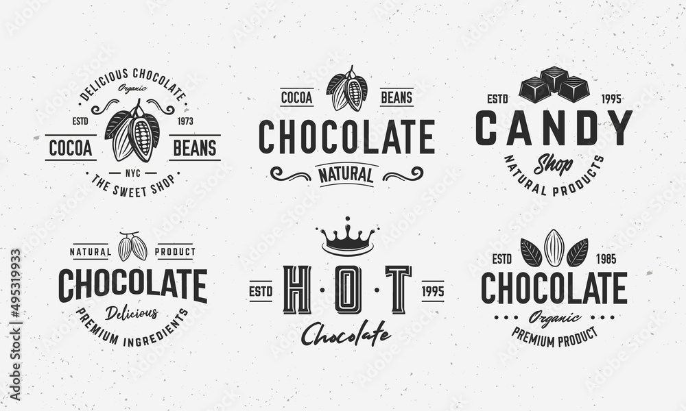 Chocolate logo set. 6 Sweet, Dessert, Candy emblems, labels. Sweet logo set with chocolate drop