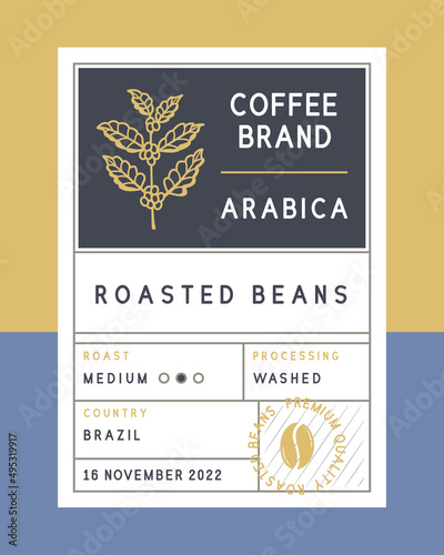 Coffee label for package design. Coffee roasted beans label. Coffee sticker template with coffee branch. Trendy design. Vector illustration