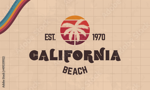 California Beach. 1970's Retro logo. Trendy hipster design. Vintage California beach logo with retro sun and palm tree. Vector Print for T-shirt, typography.