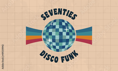 Disco Funk. 1970's Retro logo. Trendy hipster design. Vintage 70s Disco Funk logo with disco ball and colorful ribbon. Vector Print for T-shirt, typography.