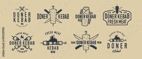 Doner Kebab logo set. 8 Vintage doner kebab emblems. Shawarma logotype set. Kebab, Shashlik labels for barbecue, grill, restaurant, fast food, menu design. Vector illustration