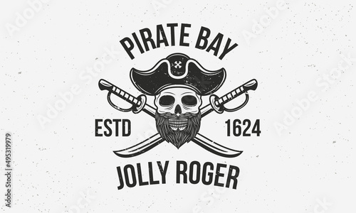Jolly Roger vintage logo template. Pirate logo with skull and swords. Print for T-shirt, typography. Pirate emblem isolated on white background. Vector illustration