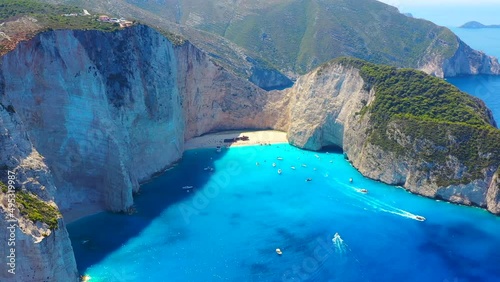 Navagio beach, Zakynthos Island, Greece. Aerial landscape. Rocks and sea from the drone. Summer landscape from the air. photo
