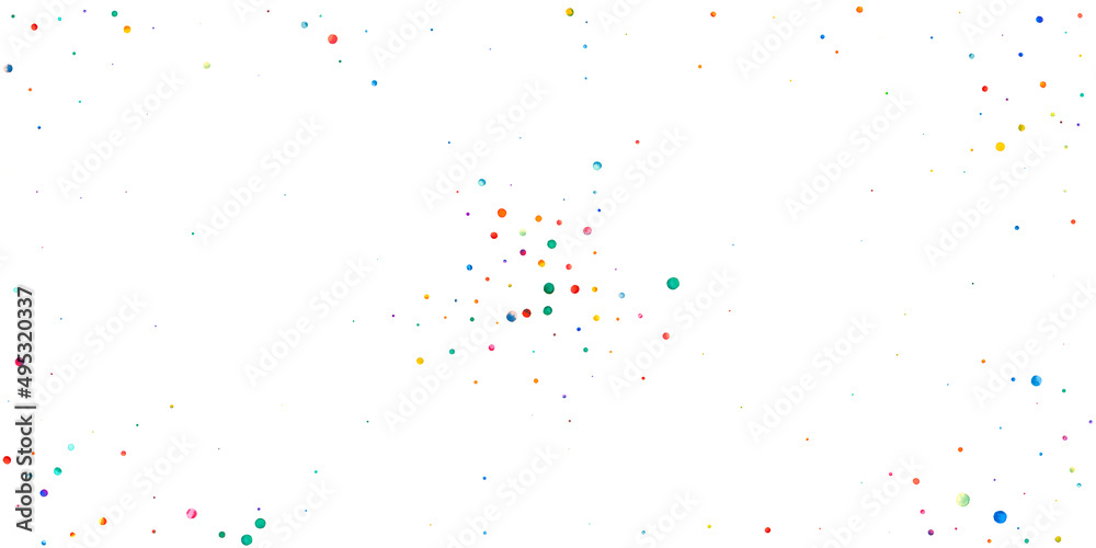 Watercolor confetti on white background. Adorable rainbow colored dots. Happy celebration wide colorful bright card. Classy hand painted confetti.