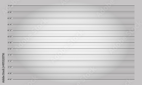 Police height chart for photoshoot of wanted, arrested or suspect person identification. Lineup mugshot background with lighting effect. Vector realistic illustration