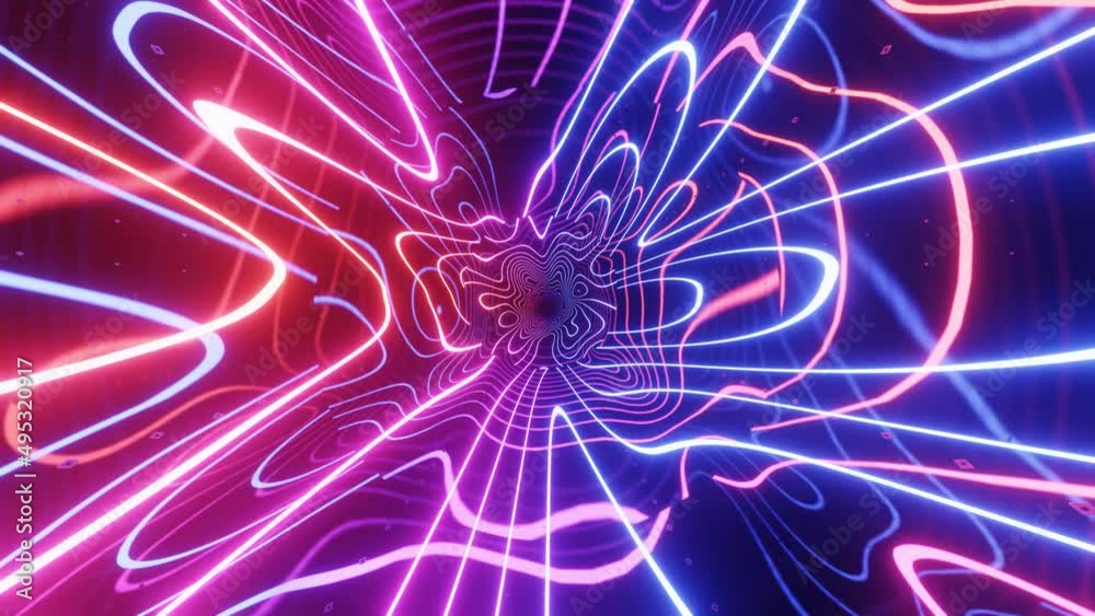 Hi-tech neon sci-fi tunel. Trendy neon glow lines form pattern and construction in mirror tunnel. Sci-fi pattern with glow frames. Fly through technology cyberspace. 3d looped seamless 4k bg.