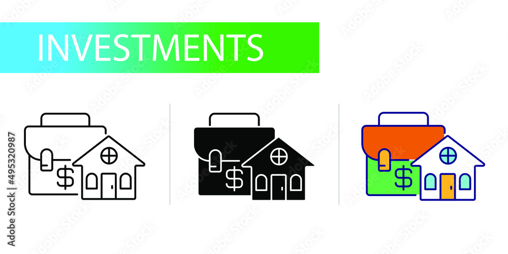 briefcase with dollar icon, investment, house. Three icons set briefcase with dollar icon, investment, house. Three icons set