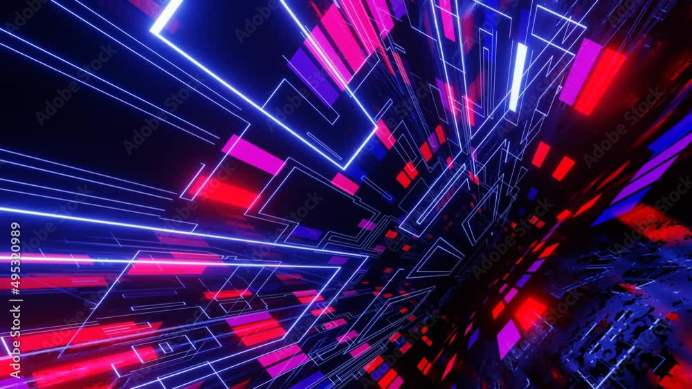 Hi-tech neon sci-fi tunel. sci-fi pattern Trendy neon glow lines form pattern and construction in mirror tunnel. Fly through technology cyberspace. 3d looped seamless 4k bright youth background.