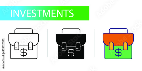 briefcase with dollar icon, investment. Three icons set