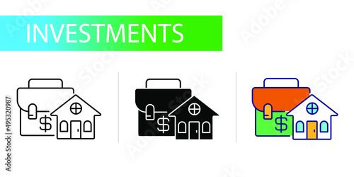 briefcase with dollar icon, investment, house. Three icons set