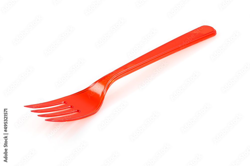 Disposable red plastic fork isolated on white background. Close-up. Full depth of field. Disposable red plastic fork isolated on white background. Close-up. Full depth of field.