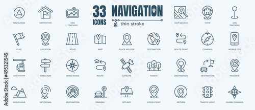 Navigation icon set with editable stroke and white background. Thin line style stock vector.