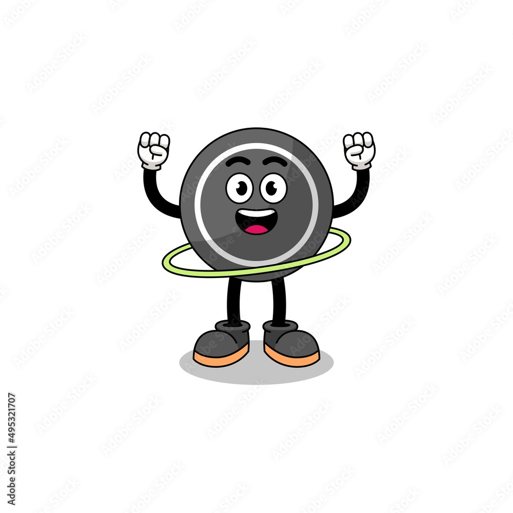 Character Illustration of hockey puck playing hula hoop Character Illustration of hockey puck playing hula hoop