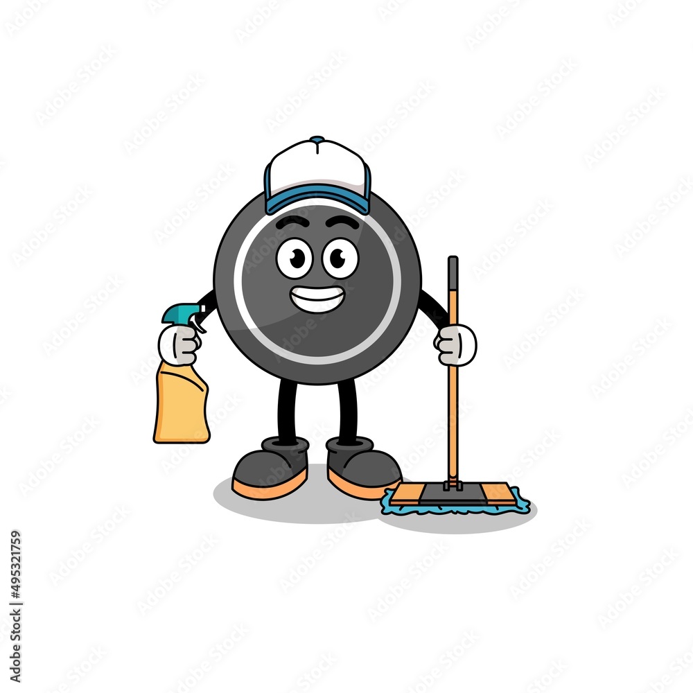 Character mascot of hockey puck as a cleaning services Character mascot of hockey puck as a cleaning services