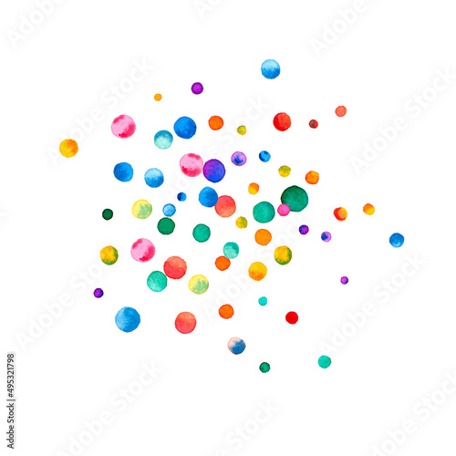 Watercolor confetti on white background. Actual rainbow colored dots. Happy celebration square colorful bright card. Memorable hand painted confetti.