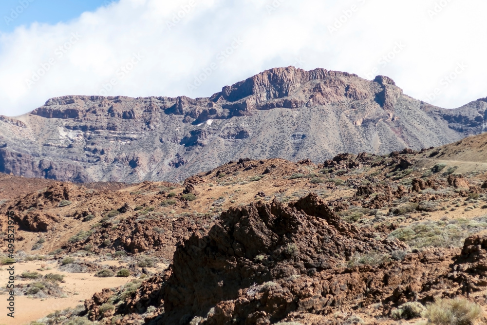 Deserted volcanic landscape with lava fields of the Teide National Park in Tenerife, Canary Islands, Spain