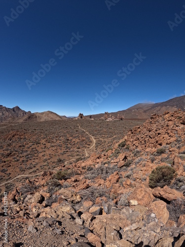 Deserted volcanic landscape with lava fields of the Teide National Park in Tenerife, Canary Islands, Spain