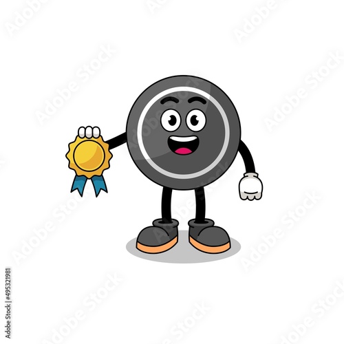 hockey puck cartoon illustration with satisfaction guaranteed medal