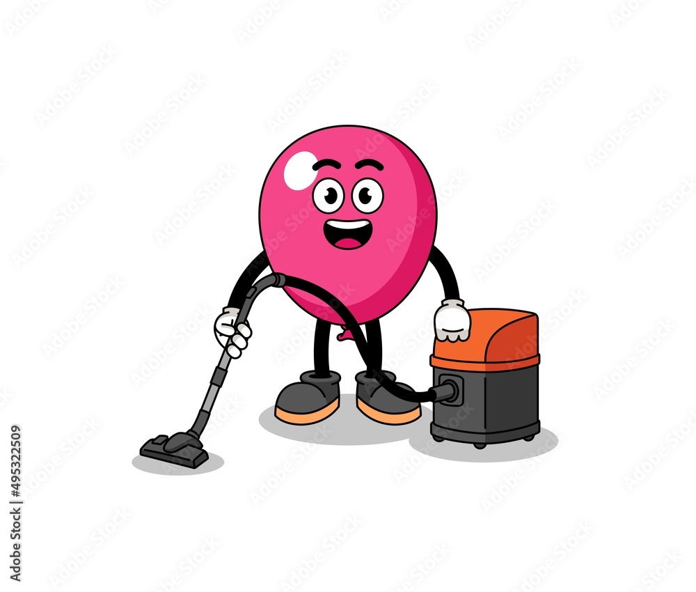 Character mascot of balloon holding vacuum cleaner Character mascot of balloon holding vacuum cleaner
