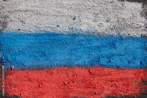 Flag of Russia. Chalk drawing on sidewalk. Creative background with chalk texture. Russian national symbol © czarny_bez