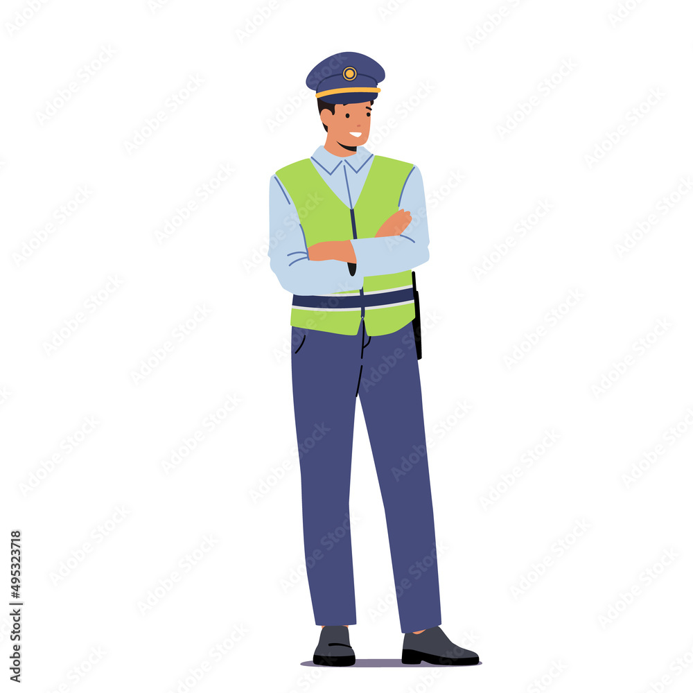 Traffic Policeman Wear Uniform and Green Vest with Crossed Arms Isolated on White Background. Police Officer Character Traffic Policeman Wear Uniform and Green Vest with Crossed Arms Isolated on White Background. Police Officer Character