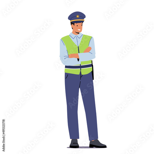 Traffic Policeman Wear Uniform and Green Vest with Crossed Arms Isolated on White Background. Police Officer Character © Hanna Syvak