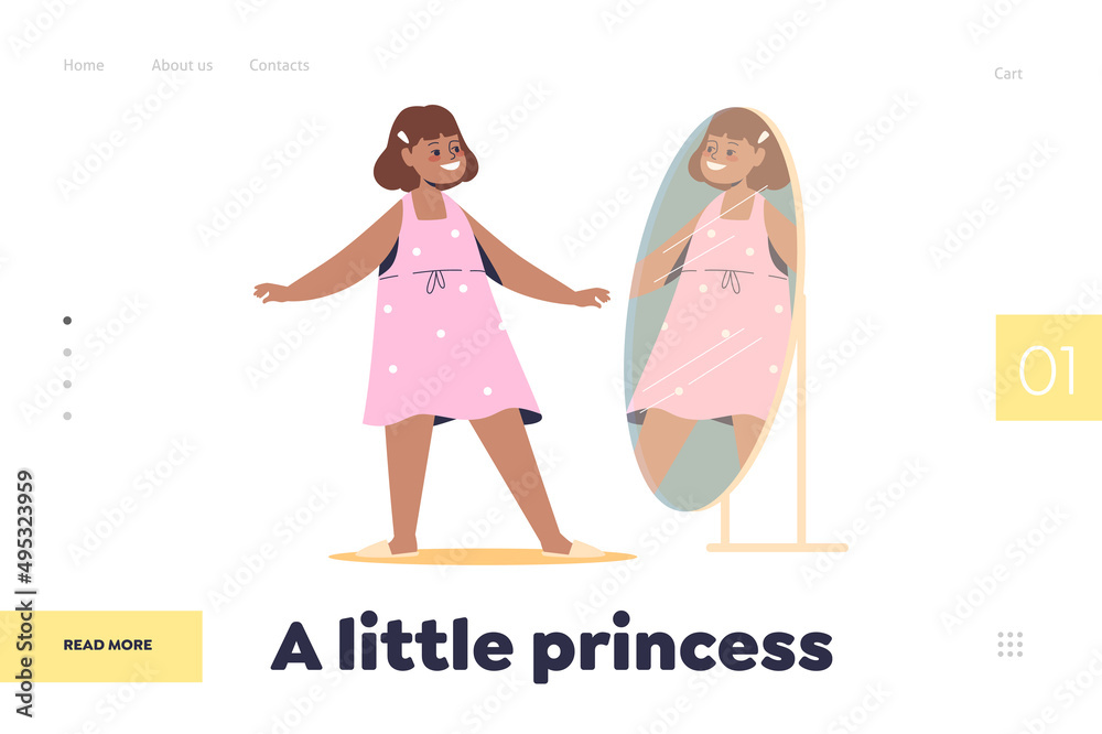 Little princess concept of landing page with happy girl in pink dress standing in front of mirror Little princess concept of landing page with happy girl in pink dress standing in front of mirror