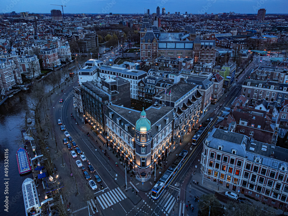 Aerial photography of Amsterdam. Drone view of the city. colorful houses
