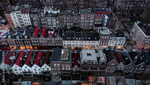 Aerial photography of Amsterdam. Drone view of the city. colorful houses