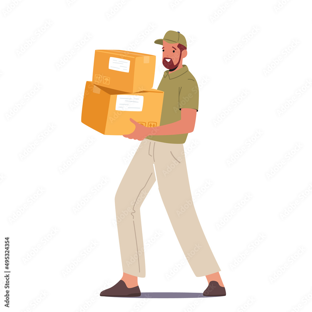 Courier Male Character Wear Uniform and Cap Carry Carton Boxes Isolated on White Background. Delivery Man with Parcels Courier Male Character Wear Uniform and Cap Carry Carton Boxes Isolated on White Background. Delivery Man with Parcels