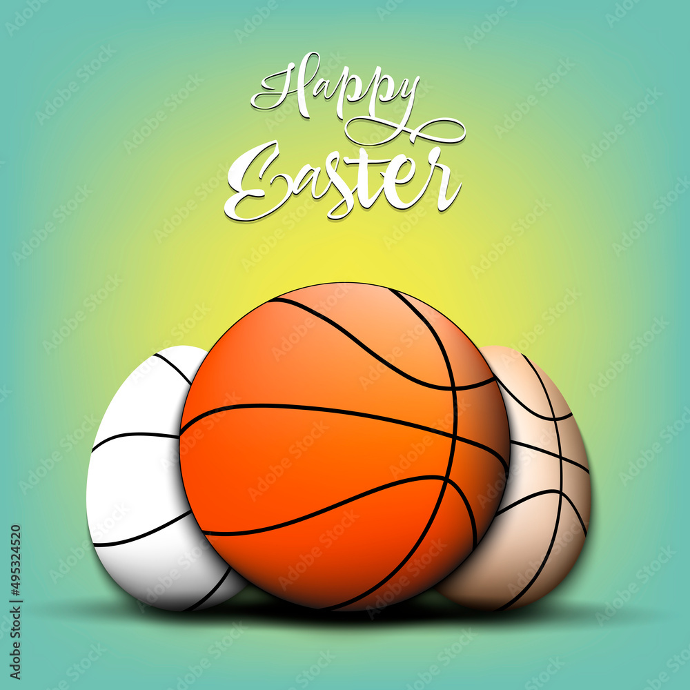 Happy Easter. Basketball ball and easter eggs decorated in the form of a basketball balls. Pattern for greeting card, banner, poster. Vector illustration on isolated background