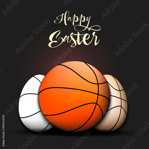 Happy Easter. Basketball ball and easter eggs decorated in the form of a basketball balls. Pattern for greeting card, banner, poster. Vector illustration on isolated background