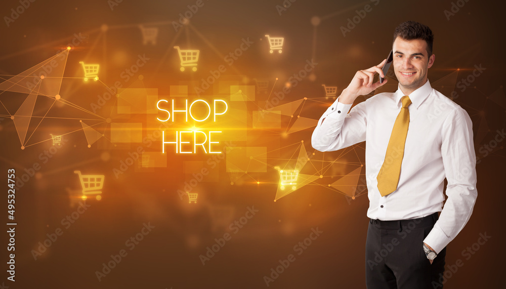 Businessman thinking about shopping concept Businessman thinking about shopping concept