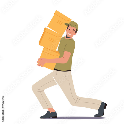Courier Carry Heavy Pile of Carton Boxes. Express Delivery Man Character Wear Uniform Hurry to Client with Parcels