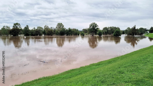 The Hunter River in Flood at Singleton New South Wales Australia. Nearly at the top of the flood embankment Levee. March 2022
