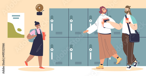 High school corridor interior with pupils or student walk to classroom. Schoolchildren or students