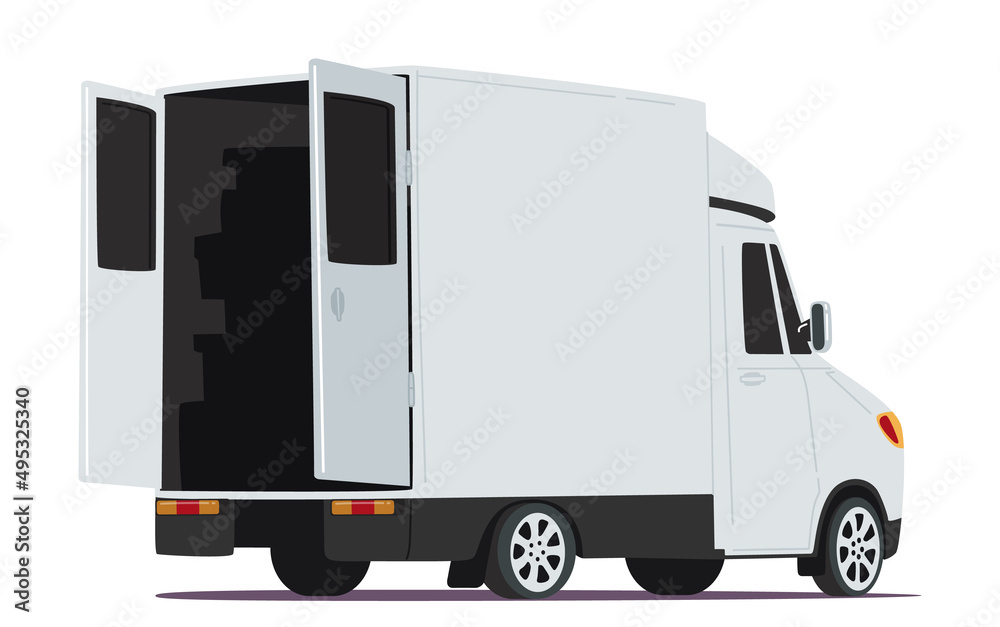 Courier Cargo Truck with Open Doors Rear View Isolated on White Background. Delivery Service Van Ready for Shipping Courier Cargo Truck with Open Doors Rear View Isolated on White Background. Delivery Service Van Ready for Shipping