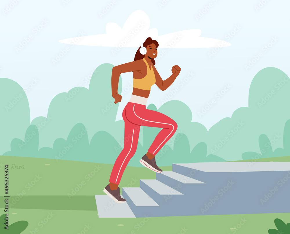 Sport Activity, Jogging and Healthy Lifestyle Exercise. Happy Female Character in Headphones Run on Street Yard