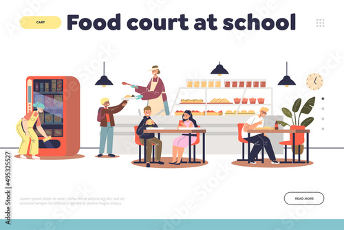 Food court at school concept of landing page with canteen and schoolchildren