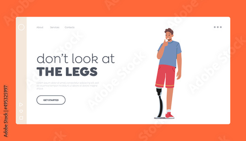 Athlete with Leg Prosthesis Landing Page Template. Amputee Man Show Thumb Up Gesture. Disabled Paralympic Sportsman