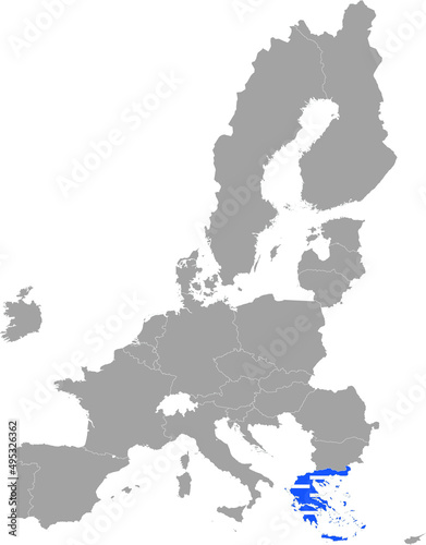 Map of Greece with national flag within the gray map of European Union countries