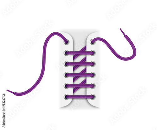 Realistic shoelace. 3d footwear lacing purple shoe tied knot and bow, crossover