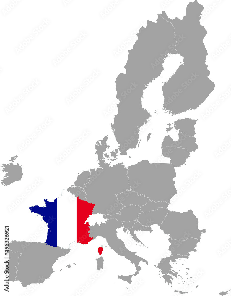 Obraz premium Map of France with national flag within the gray map of European Union countries