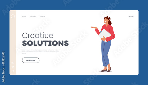 Creative Solution Landing Page Template. Female Character Business Presentation or Report. Business Woman with Clipboard